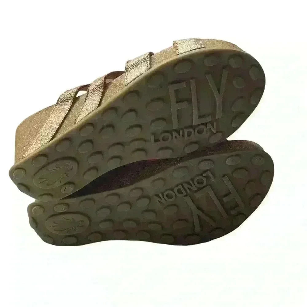 FLY London Gily Women's Metallic Gold Wedges Sandals Slip On Size 41 / 10-10.5 - Picture 7 of 10